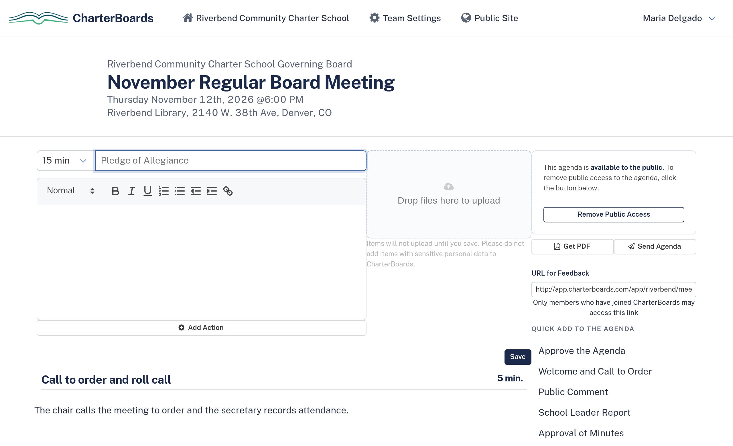 The CharterBoards agenda editor for a November board meeting: an item form with a text editor and file upload, and the list of agenda items with their times