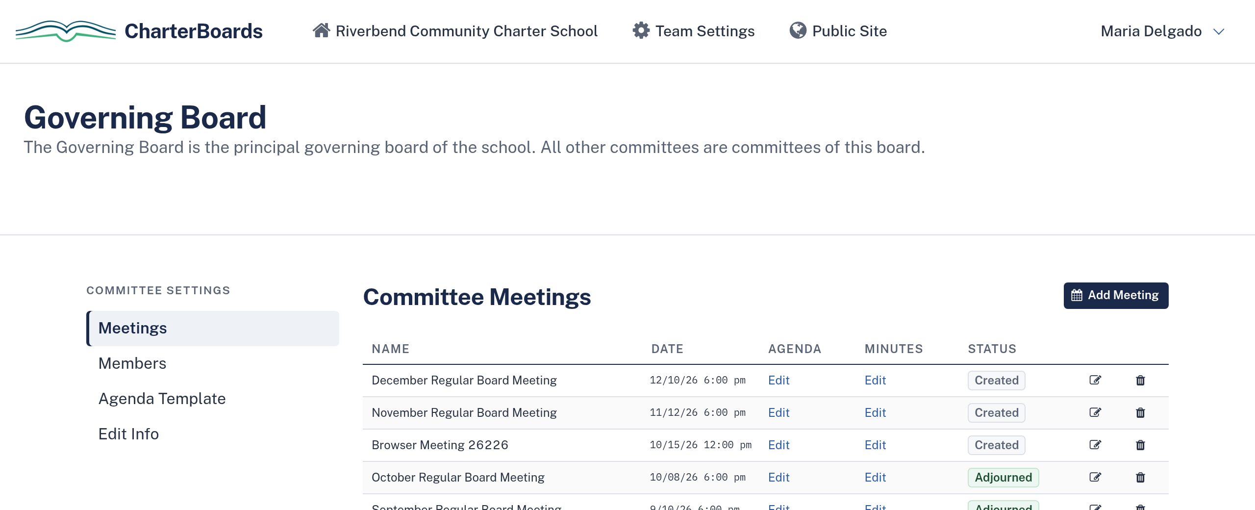 A committee page listing board meetings with their agenda and minutes status