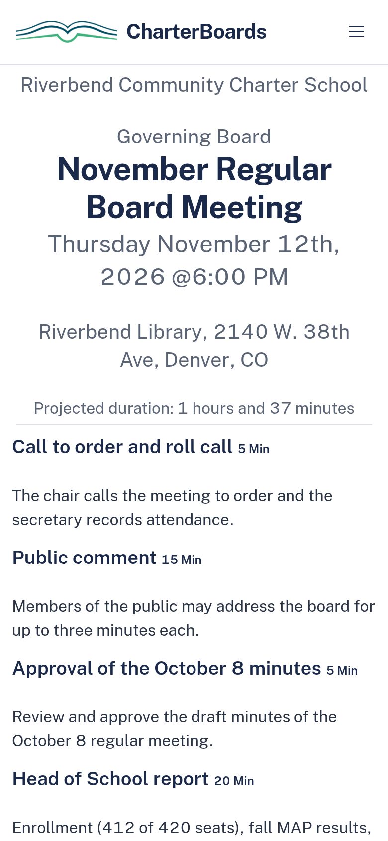 The November board meeting agenda as a board member sees it on a phone