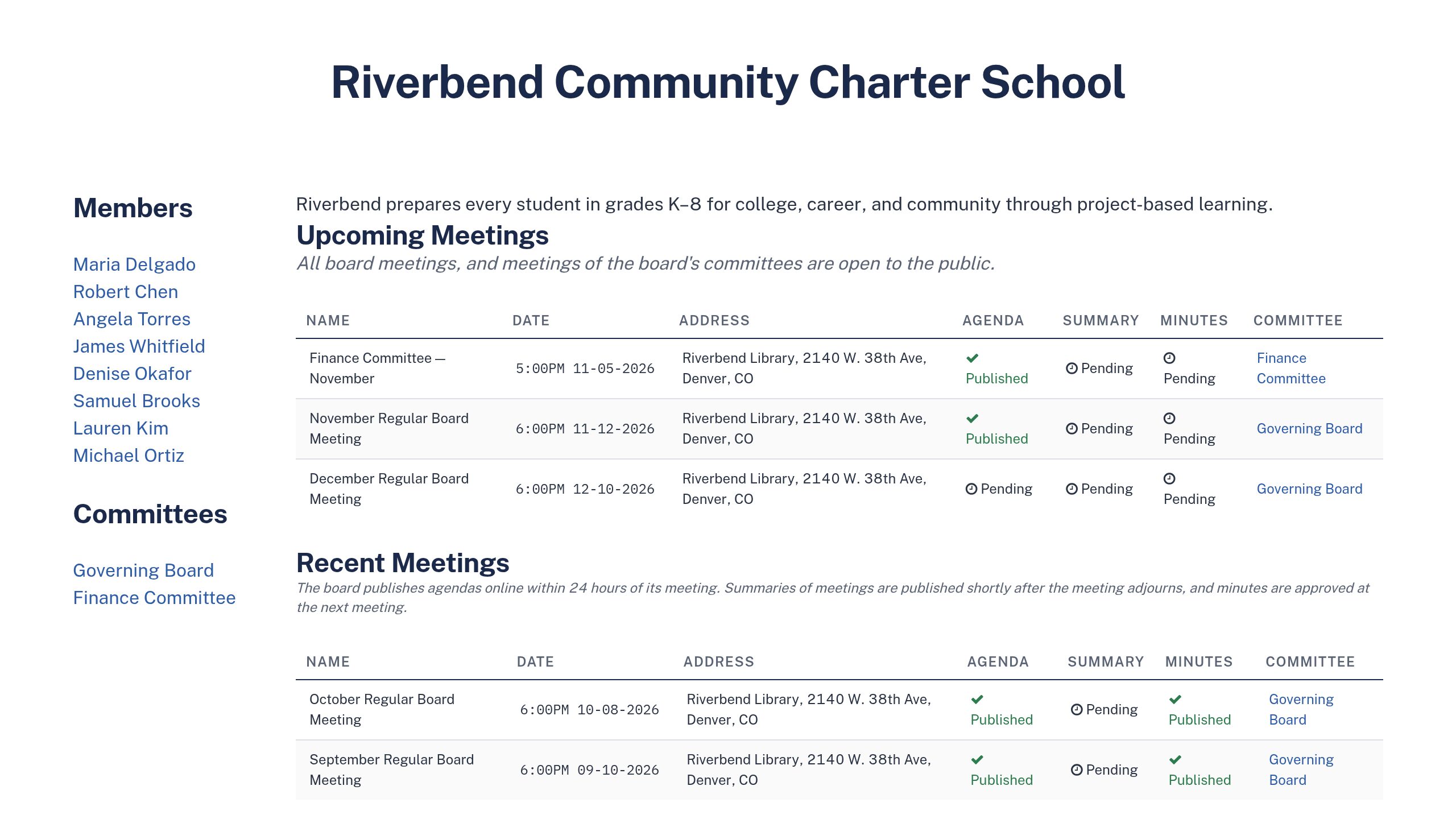 A school's public board page listing members, committees, and upcoming and recent meetings with agenda and minutes status
