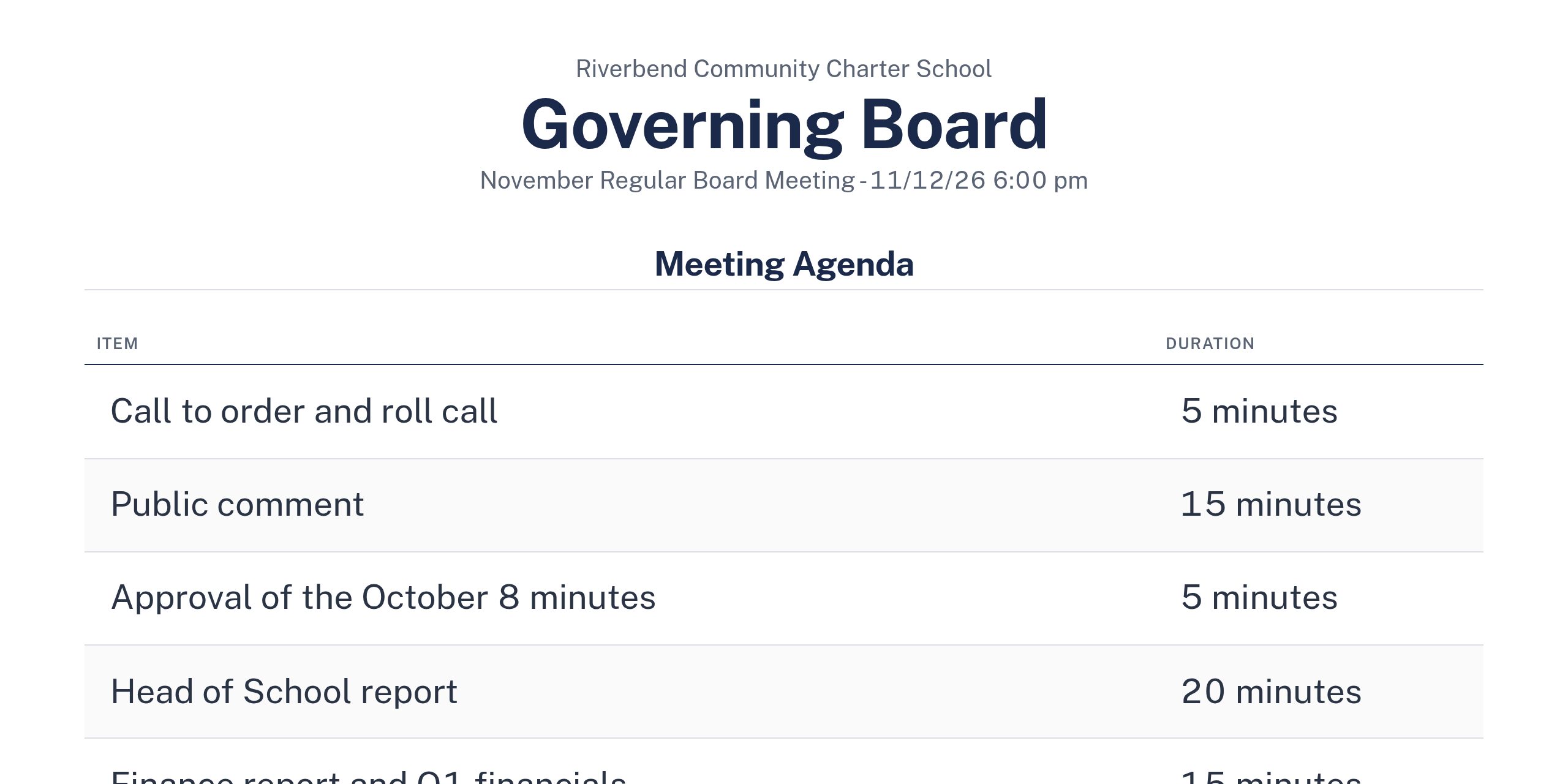 The meeting agenda shown full screen for the room, with each item and its time